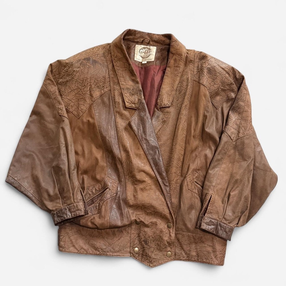 Vintage 80s G-III Brown leather jacket mountain pattern doleman sleeves size L